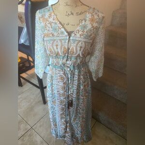 Floral V-Neck Boho Maxi Dress in Mint and Tan